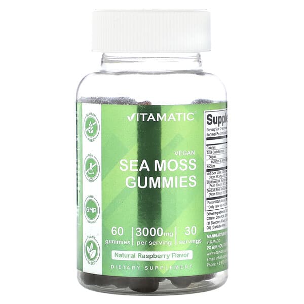 Vitamatic, Vegan Sea Moss Gummies, Natural Raspberry, 60 Gummies 2 Vitamatic, Vegan Sea Moss Gummies, Natural Raspberry, 60 Gummies