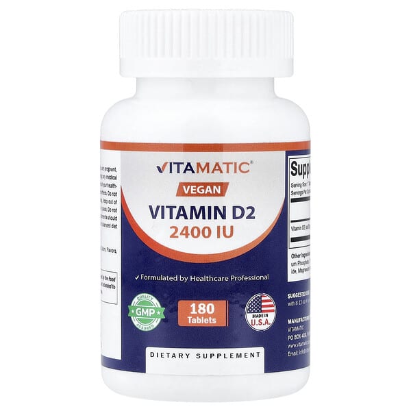 Vitamatic, Vegan Vitamin D2, 60 mcg (2,400 IU), 180 Tablets