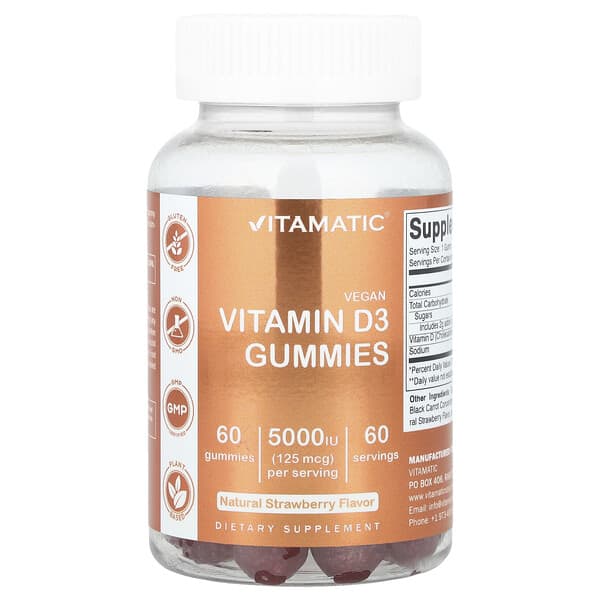 Vitamatic, Vegan Vitamin D3 Gummies, Strawberry, 125 mcg (5,000 IU), 60 Gummies