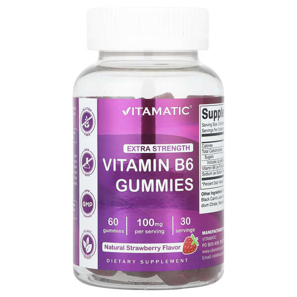 Vitamatic, Vitamin B6, Natural Strawberry, 60 Gummies (50 mg per Gummy) 3 Vitamatic, Vitamin B6, Natural Strawberry, 60 Gummies (50 mg per Gummy)