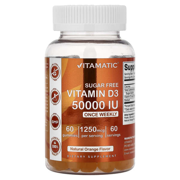 Vitamatic, Vitamin D3 Gummies, Natural Orange, 1,250 mg (50,000 IU), 60 Gummies
