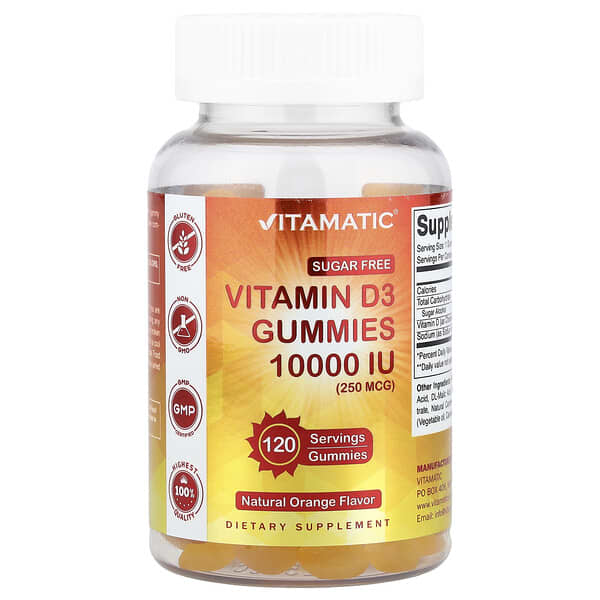 Vitamatic, Vitamin D3 Gummies, Natural Orange, 250 mcg (10,000 IU), 120 Gummies
