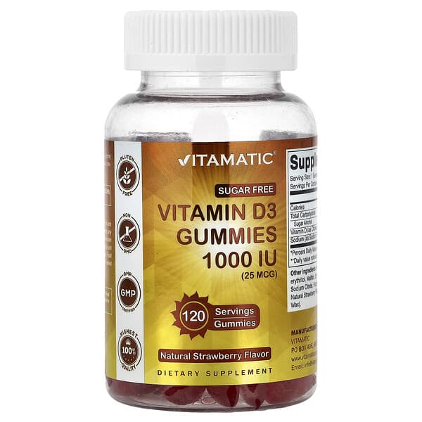 Vitamatic, Vitamin D3 Gummies, Natural Strawberry, 1,000 IU (25 mcg), 120 Gummies