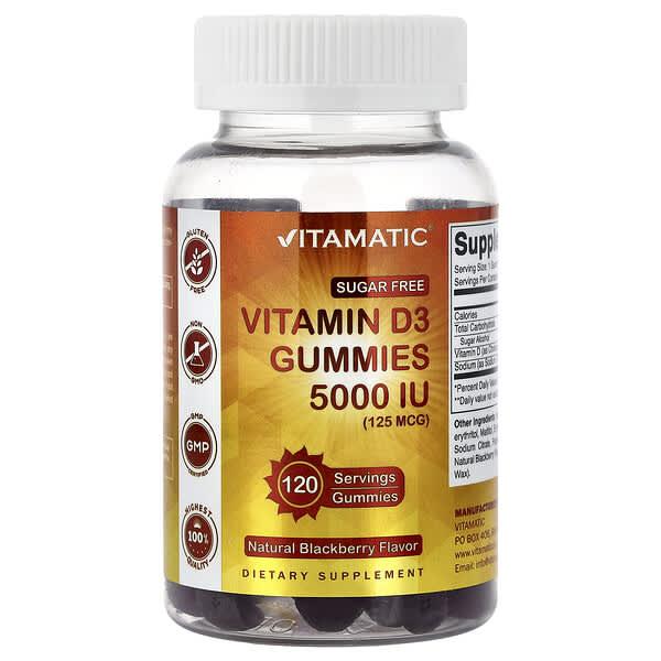 Vitamatic, Vitamin D3 Gummies, Sugar Free, Natural Blackberry, 125 mcg (5,000 IU), 120 Gummies