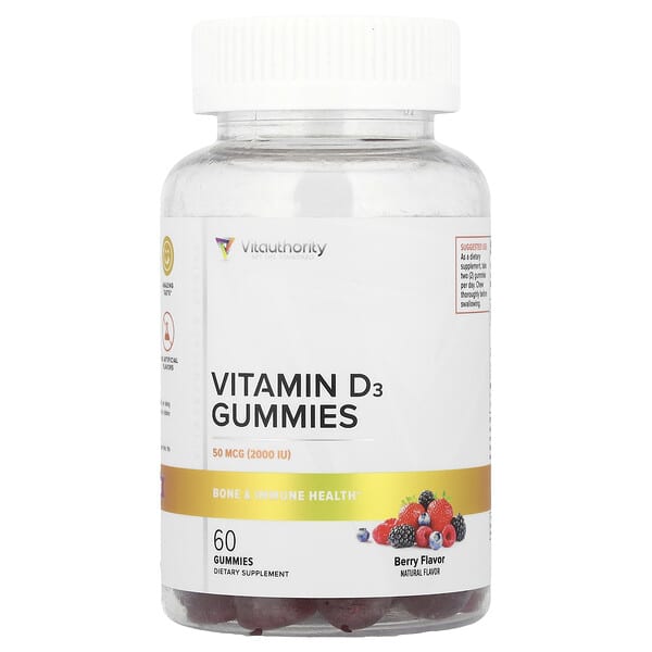 Vitauthority, Vitamin D3 Gummies, Berry, 60 Gummies (25 mcg per Gummy)