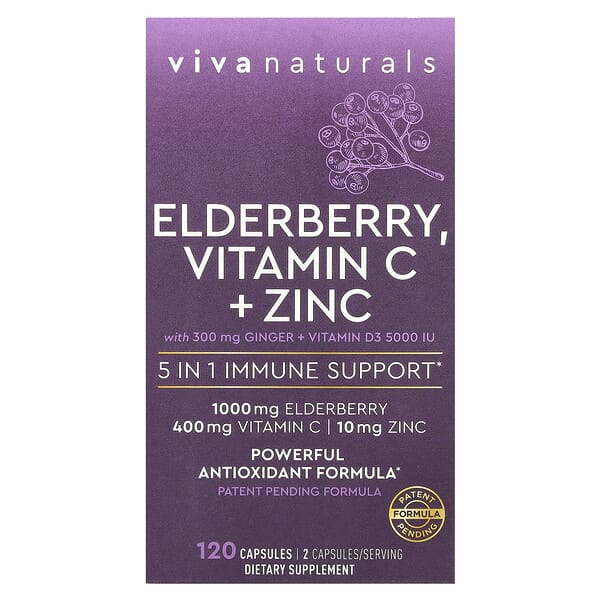 Viva Naturals, Elderberry, Vitamin C + Zinc, 120 Capsules