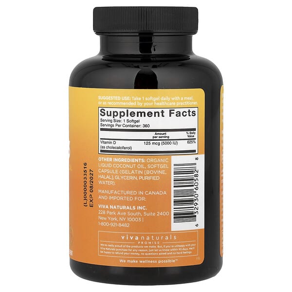 Alternative view of Viva Naturals, Vitamin D3 with Organic Liquid Coconut Oil, 125 mcg (5,000 IU), 360 Softgels