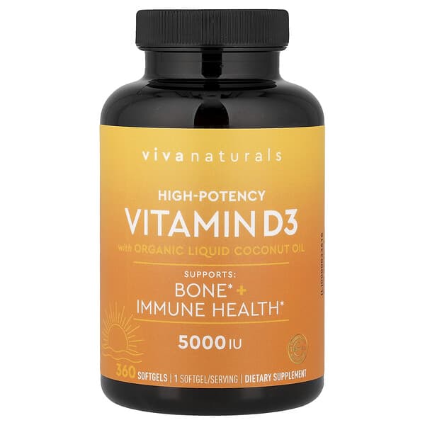 Viva Naturals, Vitamin D3 with Organic Liquid Coconut Oil, 125 mcg (5,000 IU), 360 Softgels