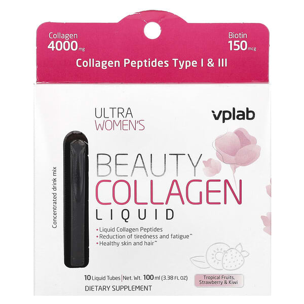 VPLab, Ultra Women's Beauty Collagen Liquid, Tropical Fruits, Strawberry & Kiwi, 10 Liquid Tubes, 3.38 fl oz (100 ml)
