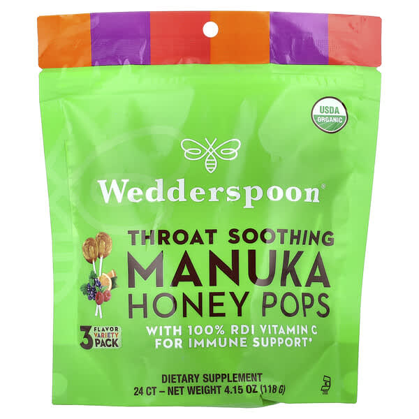 Wedderspoon, Throat Soothing Manuka Honey Pops, 3 Flavor Variety Pack, 24 Count, 4.15 oz (118 g)