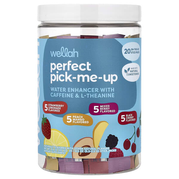 Wellah, Perfect Pick-Me-Up, Water Enhancer With Caffeine & L-Theanine, Variety Pack, 20 Stick Pack, 0.2 oz (5.2-5.6 g) Each