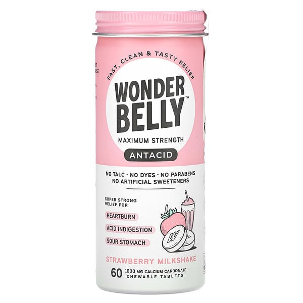 Wonderbelly, Antacid, Strawberry Milkshake, 60 Chewable Tablets (1,000 mg per Tablet)