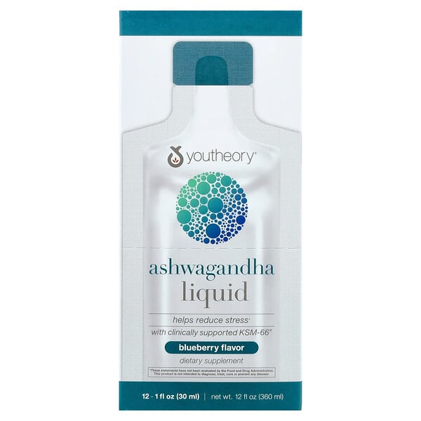 Youtheory, Ashwagandha Liquid, Blueberry, 12 Pouches, 1 fl oz (30 ml) Each