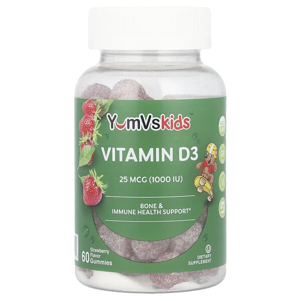 YumVs, Vitamin D3 Gummies, Strawberry, 25 mcg (1,000 IU), 60 Gummies