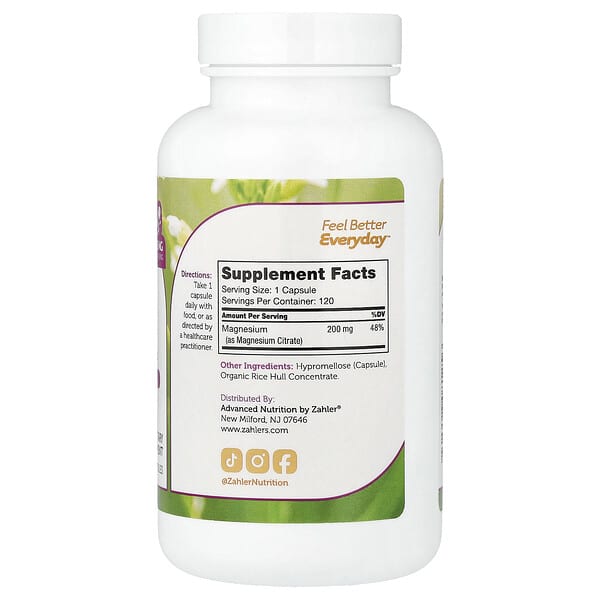 Alternative view of Zahler, Magnesium, Bioactive Magnesium Citrate, 200 mg, 120 Capsules