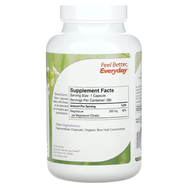 Alternative view of Zahler, Magnesium, Bioactive Magnesium Citrate, 200 mg, 250 Capsules