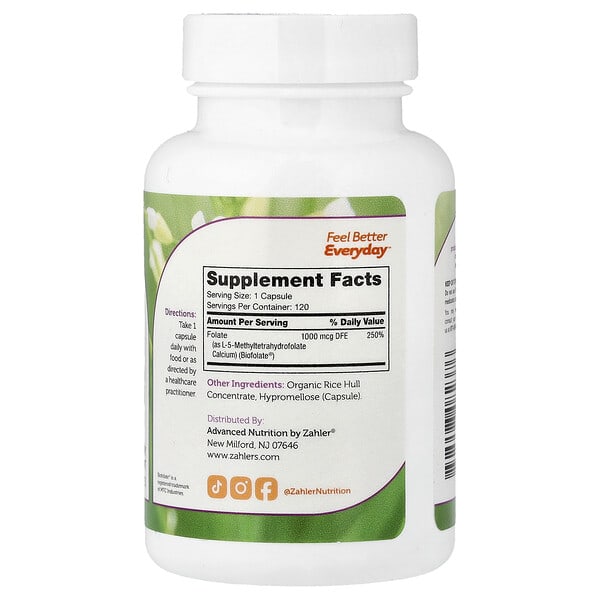 Alternative view of Zahler, Methylfolate, 120 Capsules (1,000 mcg DFE per Capsule)