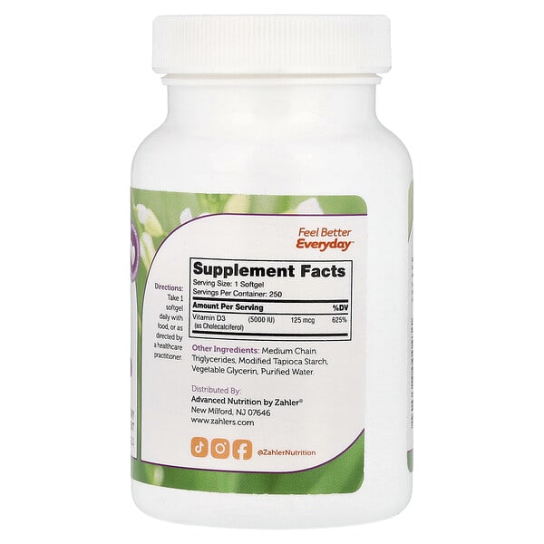 Alternative view of Zahler, Vitamin D3, Advanced D3, 250 Softgels (125 mcg (5,000 IU) per Softgel)