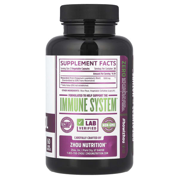 Alternative view of Zhou Nutrition, Resveratrol, 60 Veggie Capsules (500 mg per Capsule)